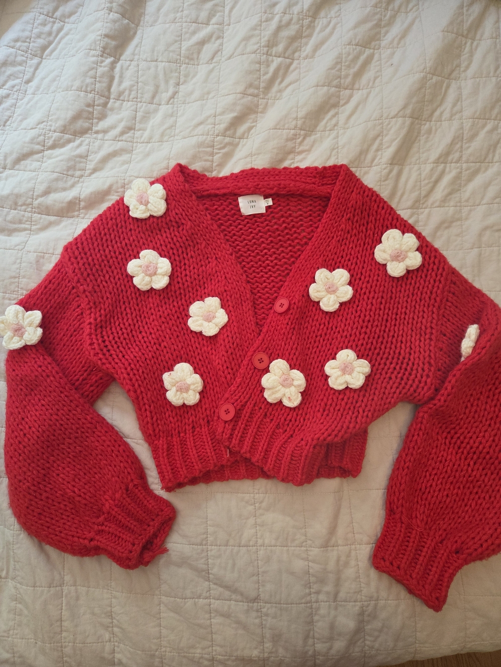 Vibrant Red Floral-Appliqué Cropped Cardigan Sweater
